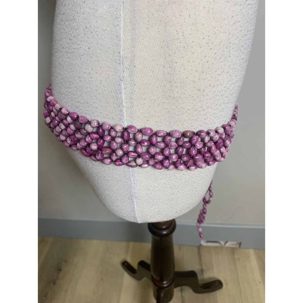 Purple Beaded Woven Waist Belt Boho Seed Bead Adjustable Tie Sash Accessory
